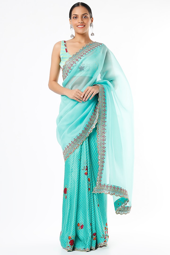 Turquoise Satin Silk & Organza Printed Saree Set by Punit Balana
