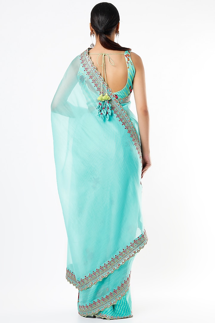 Turquoise Satin Silk & Organza Printed Wedding Saree Set by Punit Balana at Pernia's Pop Up Shop