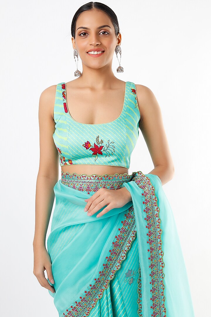 Turquoise Satin Silk & Organza Printed Wedding Saree Set by Punit Balana at Pernia's Pop Up Shop