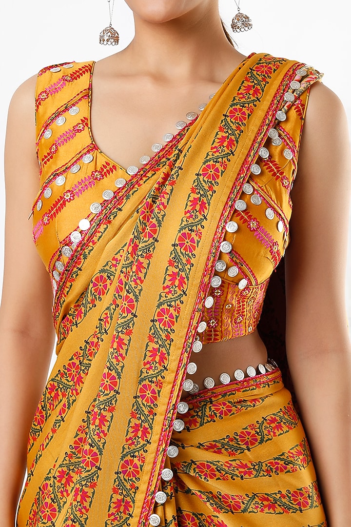 Mustard Satin Organza Hand Painted Wedding Saree Set by Punit Balana at Pernia's Pop Up Shop