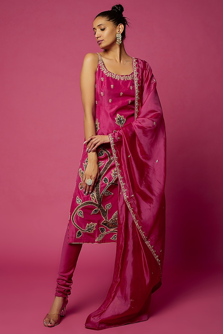 Rani Pink Silk Embroidered Kurta Set by Punit Balana