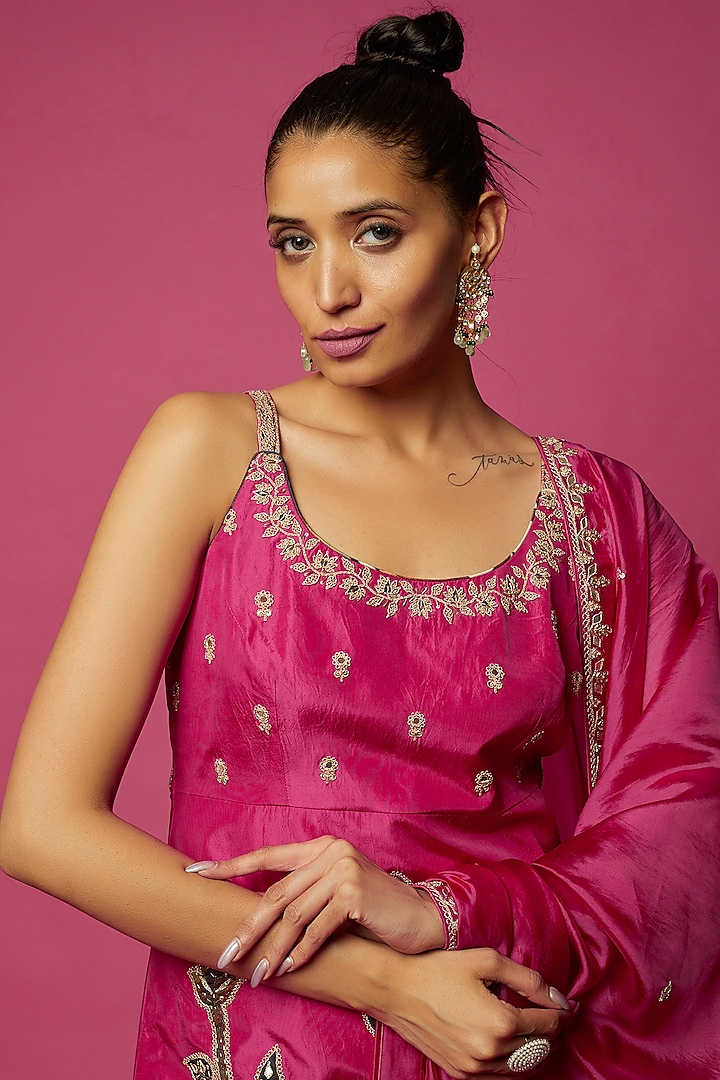 Rani Pink Silk Embroidered Kurta Set by Punit Balana at Pernia's Pop Up Shop