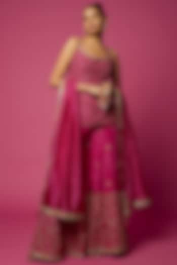 Rani Pink Silk Organza Embellished Sharara Set by Punit Balana