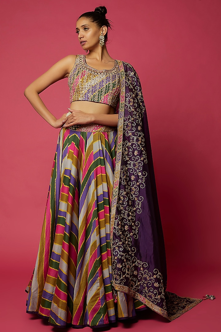 Multi-Colored Banarasi Silk & Organza Silk Lehenga Set by Punit Balana