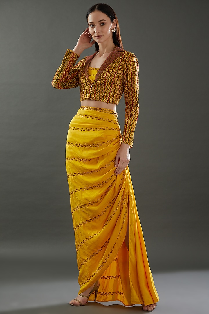 Yellow Silk Embroidered Draped Skirt Set by Punit Balana