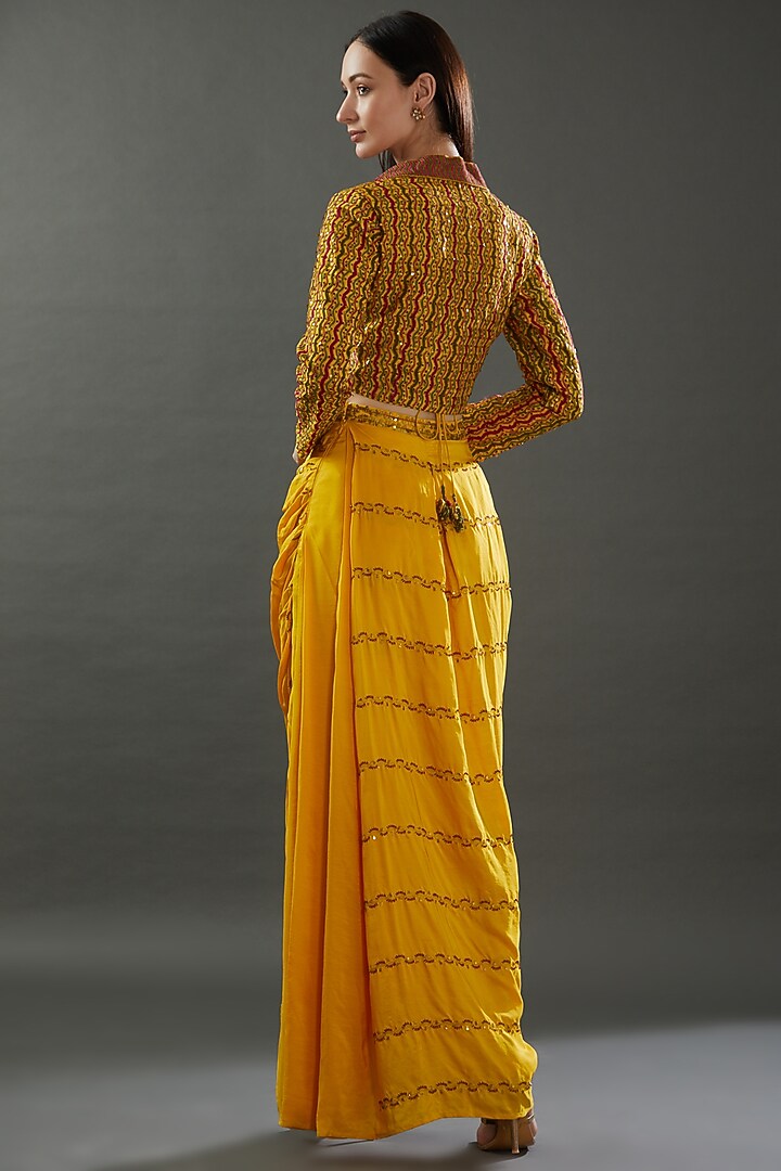 Yellow Silk Embroidered Draped Skirt Set by Punit Balana at Pernia's Pop Up Shop