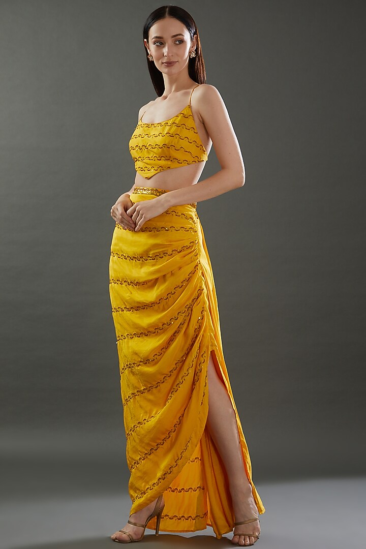 Yellow Silk Embroidered Draped Skirt Set by Punit Balana at Pernia's Pop Up Shop