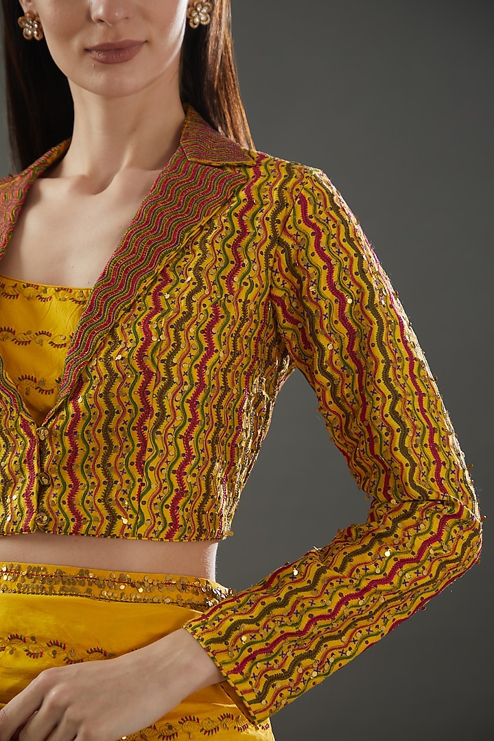 Yellow Silk Embroidered Draped Skirt Set by Punit Balana at Pernia's Pop Up Shop