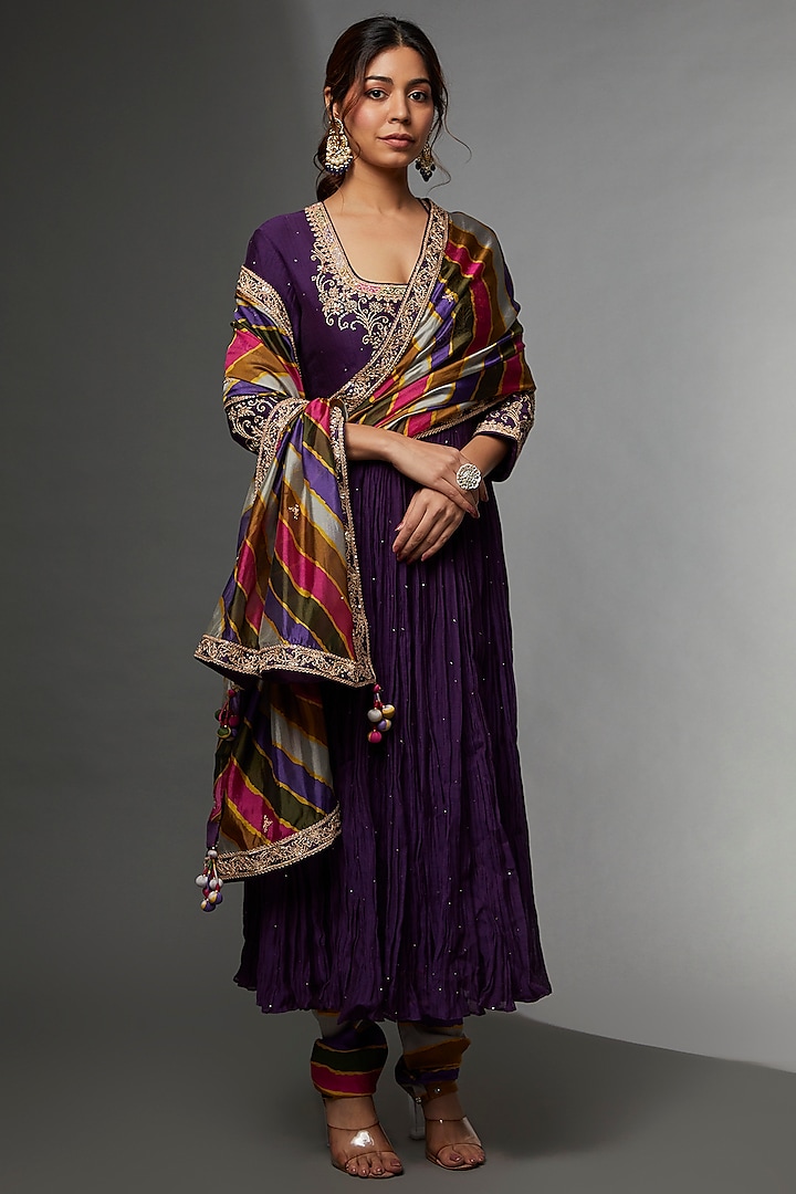 Purple Chanderi Silk Embroidered Anarkali Set by Punit Balana