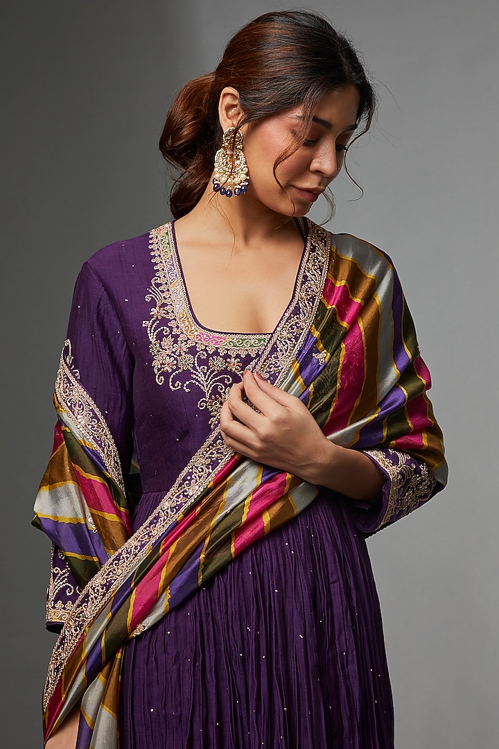 Purple Chanderi Silk Embroidered Wedding Anarkali Set by Punit Balana at Pernia's Pop Up Shop