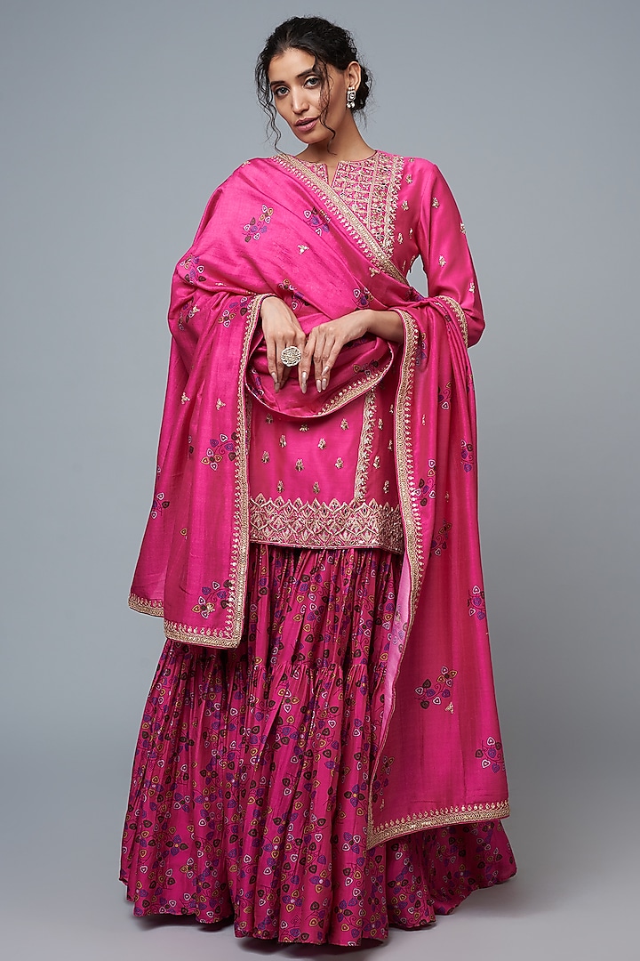 Fuchsia Chanderi Silk Embroidered Gharara Set by Punit Balana