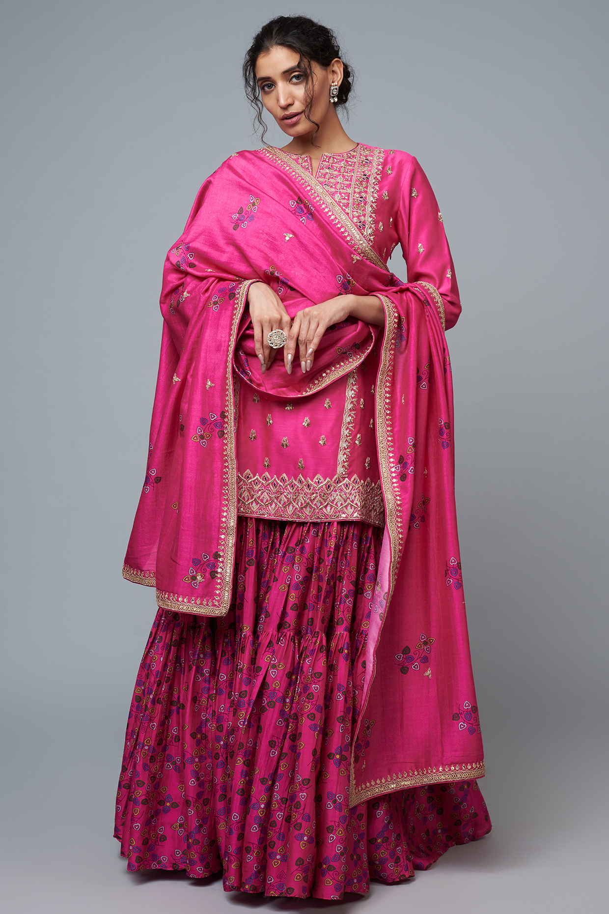 Fuchsia Chanderi Silk Embroidered Gharara Set by Punit Balana