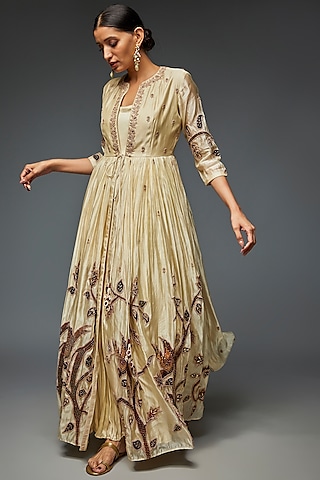 Beige Chanderi Silk Dress With Embroidered Jacket by Punit Balana