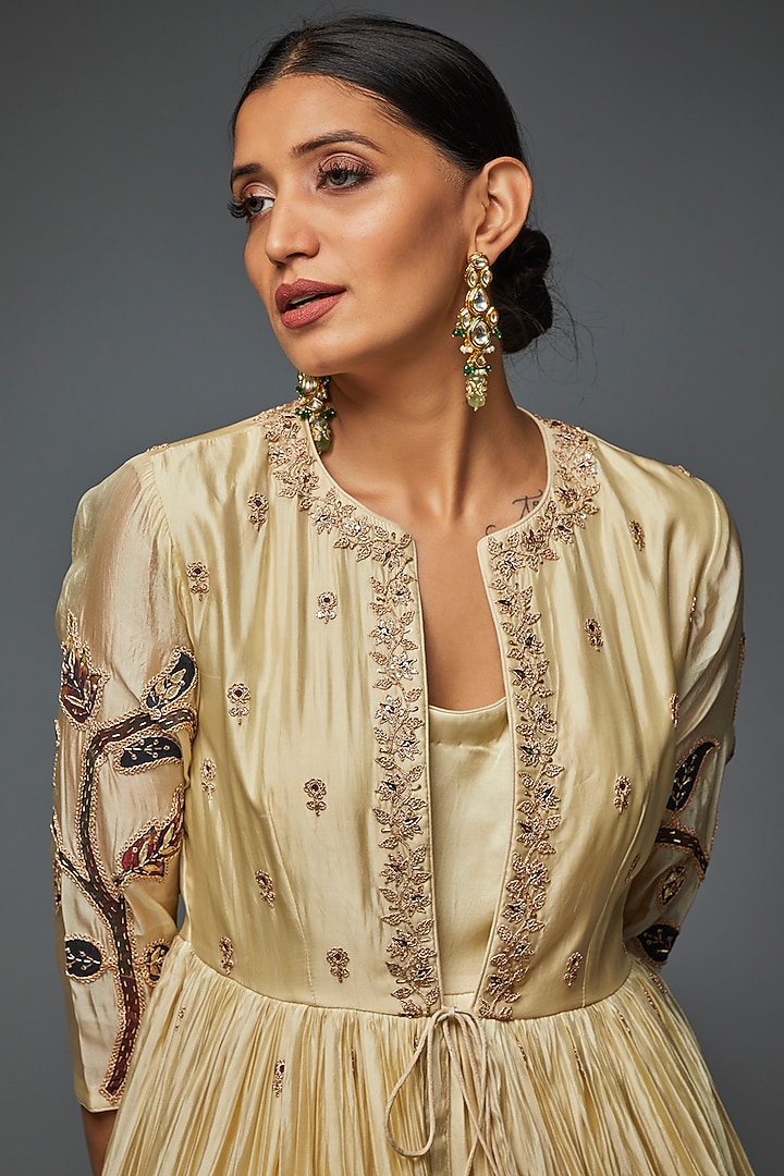 Beige Chanderi Silk Party Wear Dress With Embroidered Jacket by Punit Balana at Pernia's Pop Up Shop