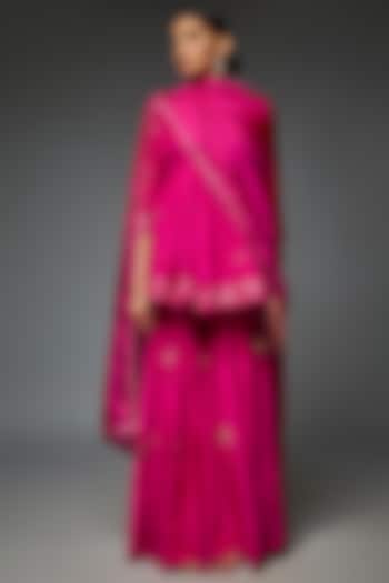 Fuchsia Pink Satin Silk Gharara Set by Punit Balana