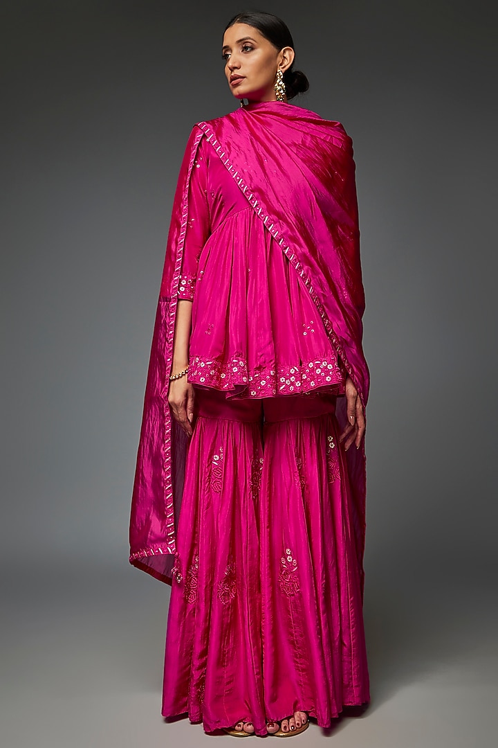 Fuchsia Pink Satin Silk Gharara Set by Punit Balana