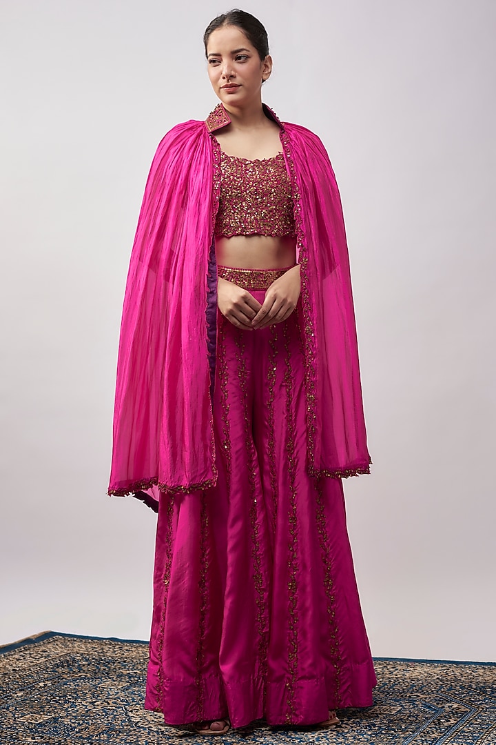 Gulabi Pink Silk Organza Coin Work Cape Set by Punit Balana at Pernia's Pop Up Shop