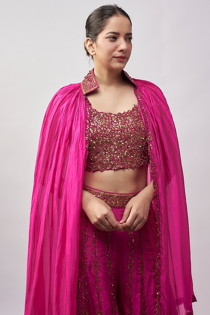 Gulabi Pink Silk Organza Coin Work Cape Set by Punit Balana at Pernia's Pop Up Shop