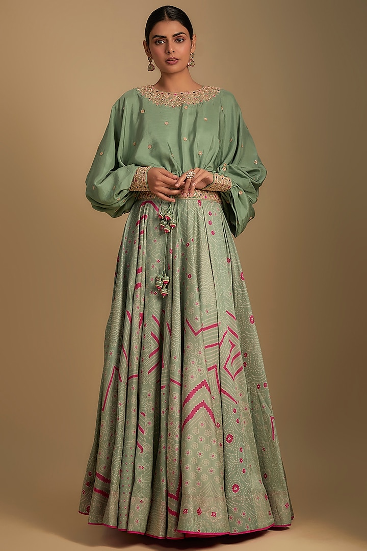 Sage Green Silk Printed Skirt Set by Punit Balana at Pernia's Pop Up Shop