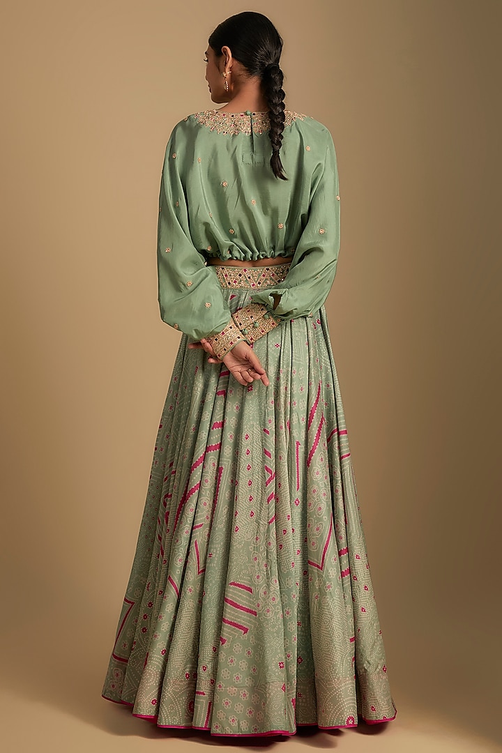 Sage Green Silk Printed Skirt Set by Punit Balana at Pernia's Pop Up Shop