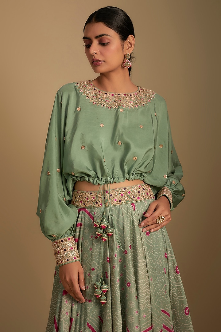 Sage Green Silk Printed Skirt Set by Punit Balana at Pernia's Pop Up Shop