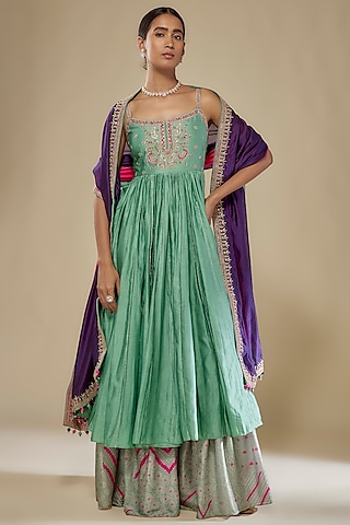 Sage Green Chanderi Silk Applique Foil Work Gharara Set by Punit Balana