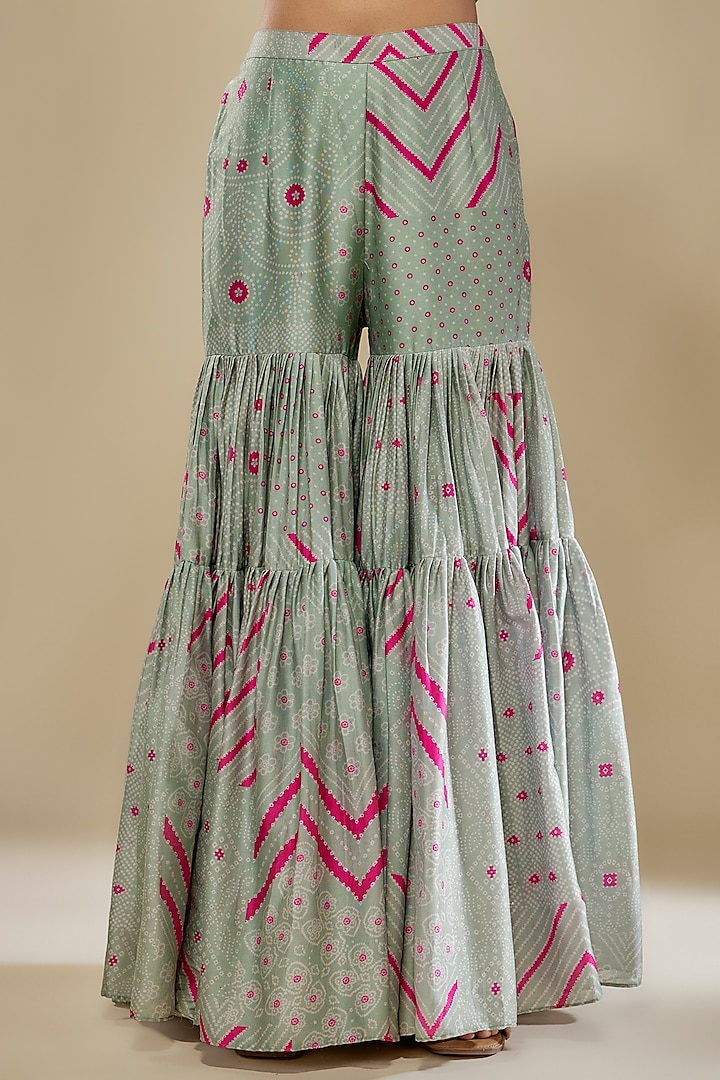 Sage Green Chanderi Silk Applique Foil Work Gharara Set by Punit Balana at Pernia's Pop Up Shop