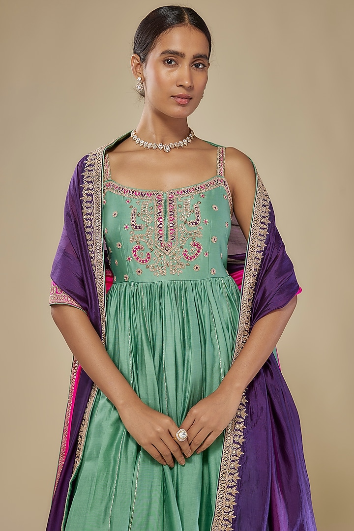 Sage Green Chanderi Silk Applique Foil Work Gharara Set by Punit Balana at Pernia's Pop Up Shop