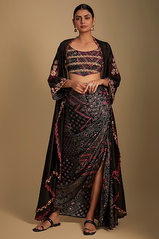 Black Satin Silk Printed Skirt Set by Punit Balana