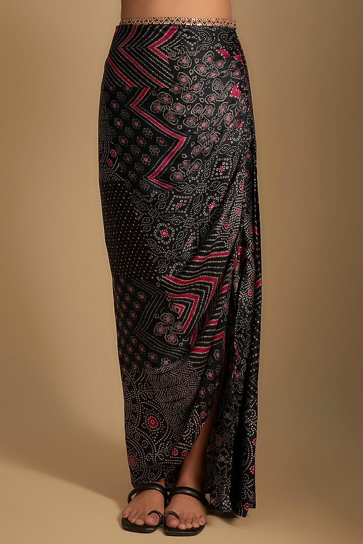 Black Satin Silk Printed Skirt Set by Punit Balana at Pernia's Pop Up Shop