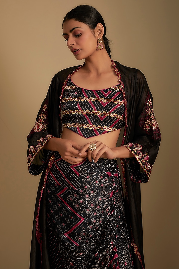 Black Satin Silk Printed Skirt Set by Punit Balana at Pernia's Pop Up Shop
