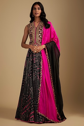 Black Chanderi Silk Printed Skirt Set by Punit Balana