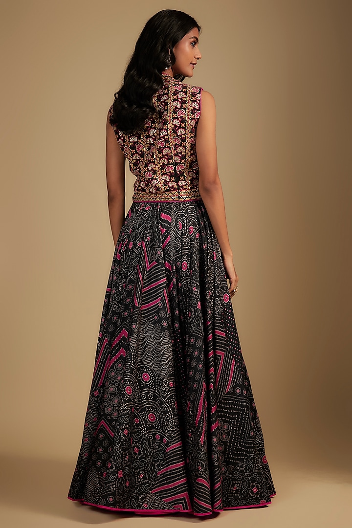 Black Chanderi Silk Printed Skirt Set by Punit Balana at Pernia's Pop Up Shop