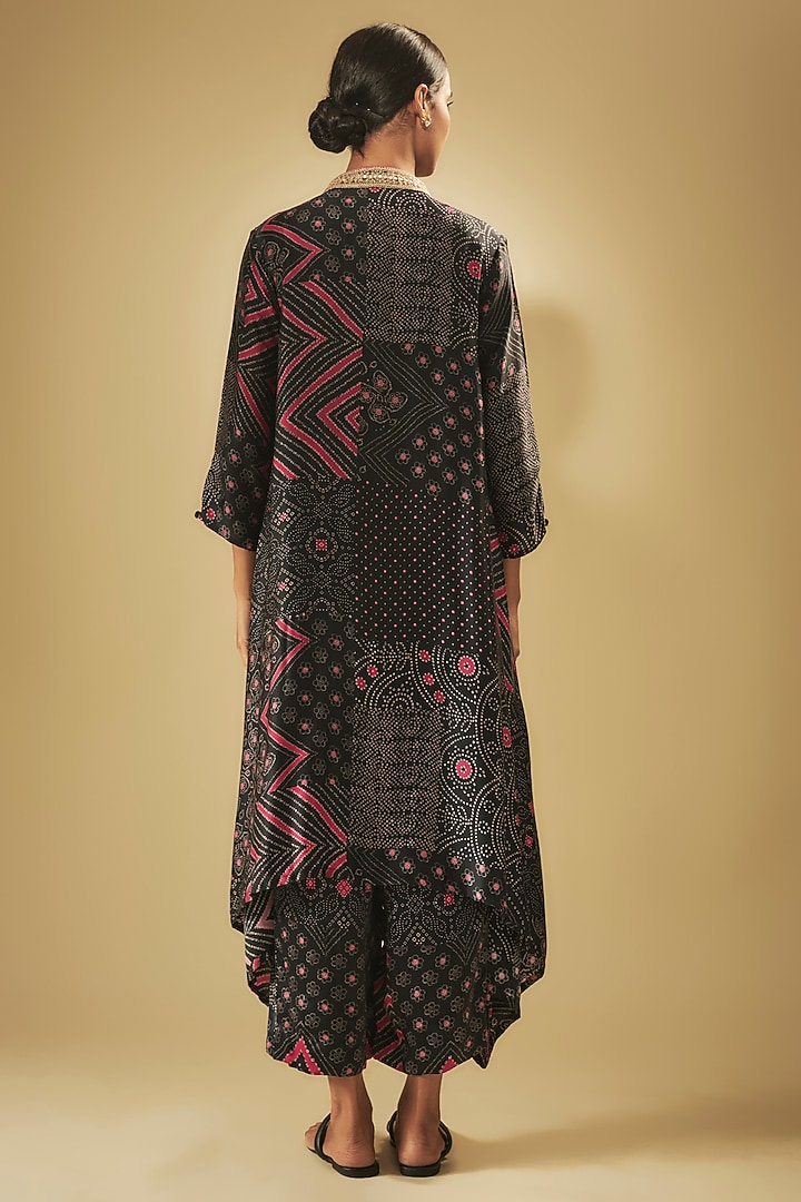 Black Satin Silk Printed & Marodi Embroidered Kurta Set by Punit Balana at Pernia's Pop Up Shop