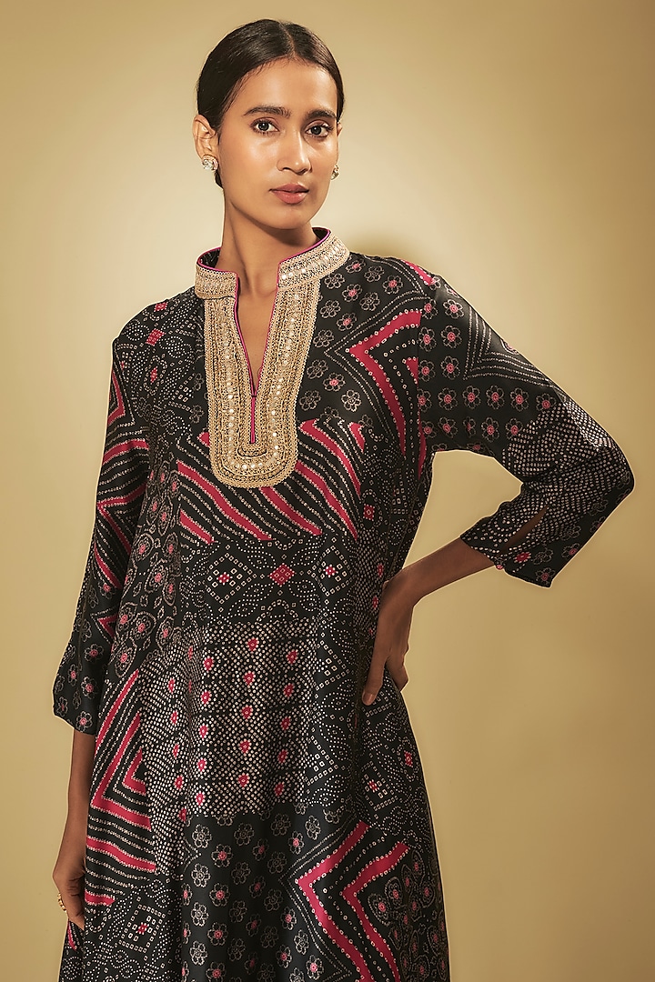 Black Satin Silk Printed & Marodi Embroidered Kurta Set by Punit Balana at Pernia's Pop Up Shop