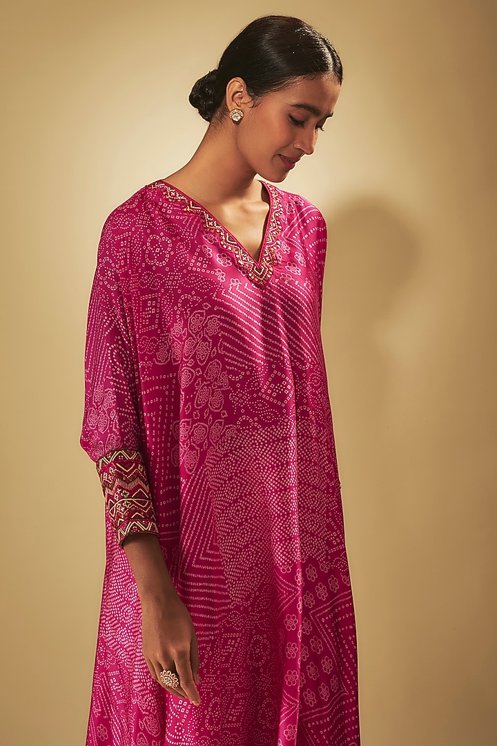 Rani Pink Satin Silk Printed & Embroidered Kurta Set by Punit Balana at Pernia's Pop Up Shop