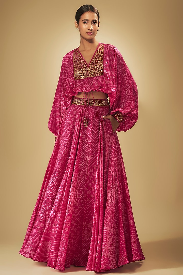 Rani Pink Satin Silk Printed & Embroidered Skirt Set by Punit Balana at Pernia's Pop Up Shop