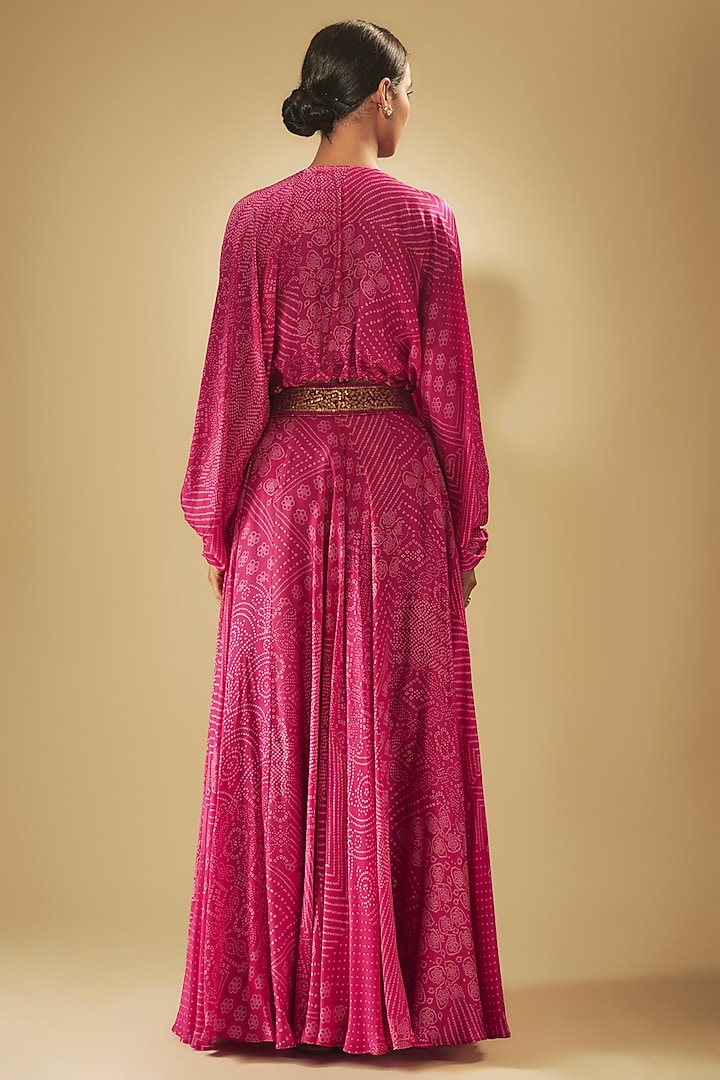 Rani Pink Satin Silk Printed & Embroidered Skirt Set by Punit Balana at Pernia's Pop Up Shop