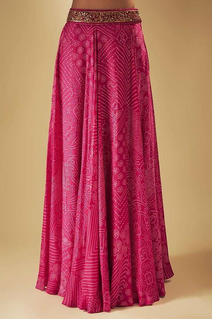 Rani Pink Satin Silk Printed & Embroidered Skirt Set by Punit Balana at Pernia's Pop Up Shop
