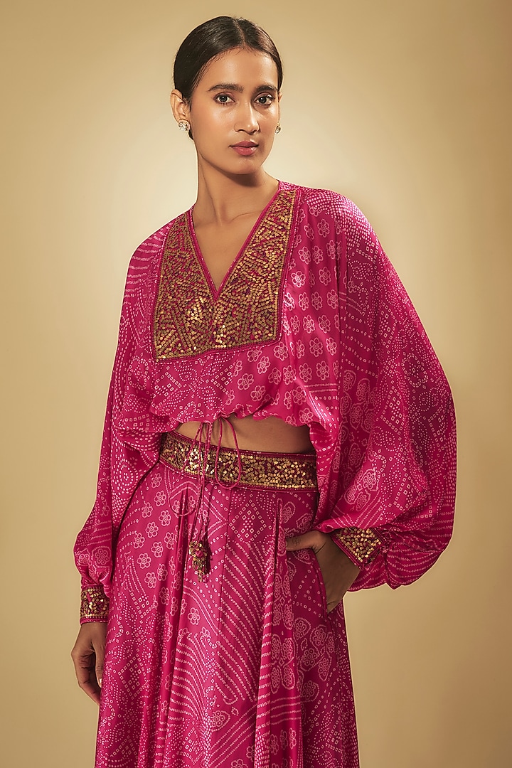 Rani Pink Satin Silk Printed & Embroidered Skirt Set by Punit Balana at Pernia's Pop Up Shop
