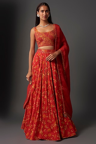 Red Silk Chanderi Printed Lehenga Set by Punit Balana