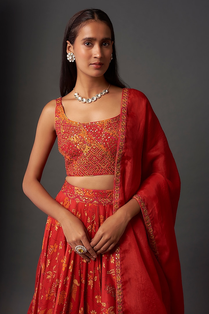Red Silk Chanderi Printed Wedding Lehenga Set by Punit Balana at Pernia's Pop Up Shop