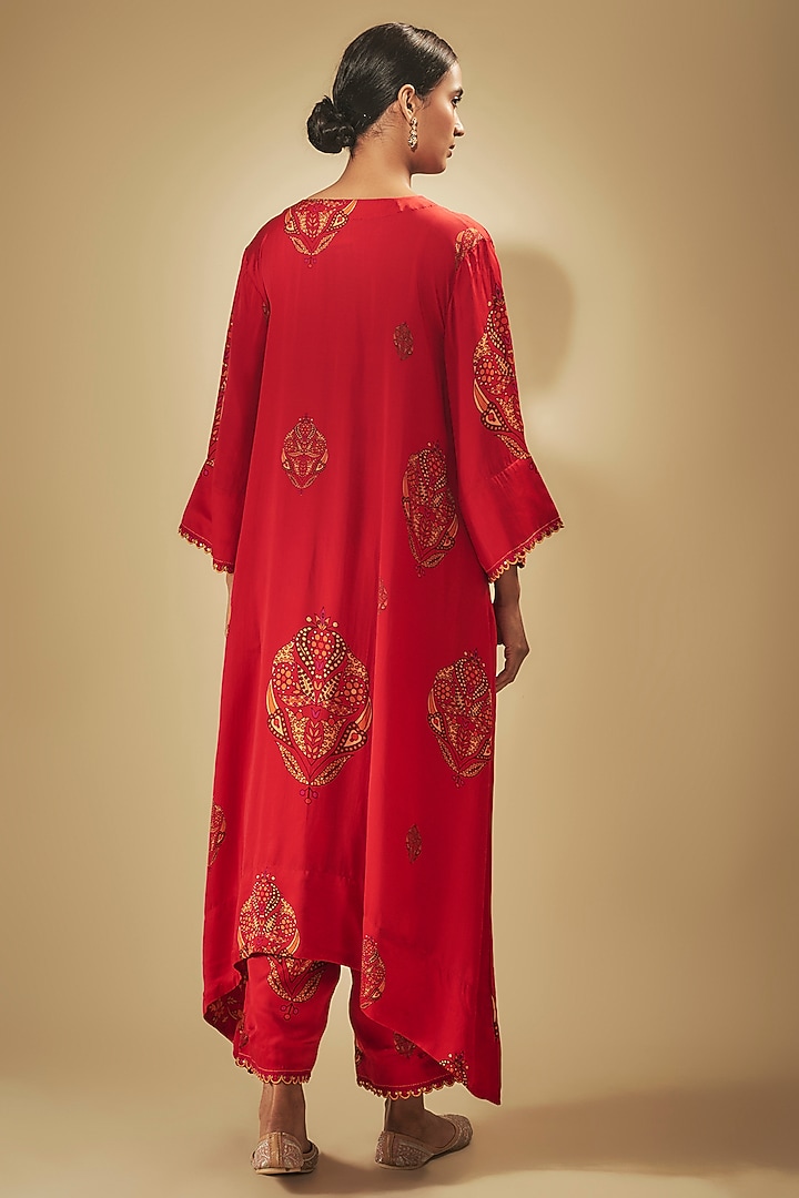 Red Satin Silk Printed & Resham Embroidered Kurta Set by Punit Balana at Pernia's Pop Up Shop