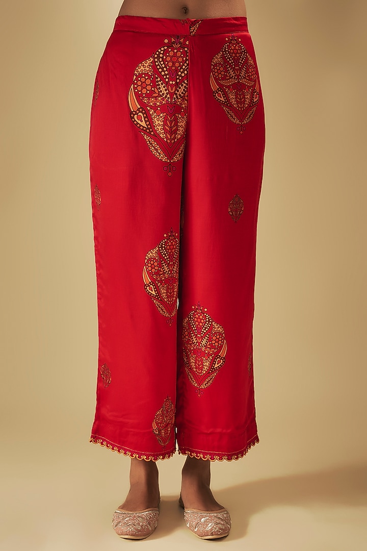 Red Satin Silk Printed & Resham Embroidered Kurta Set by Punit Balana at Pernia's Pop Up Shop