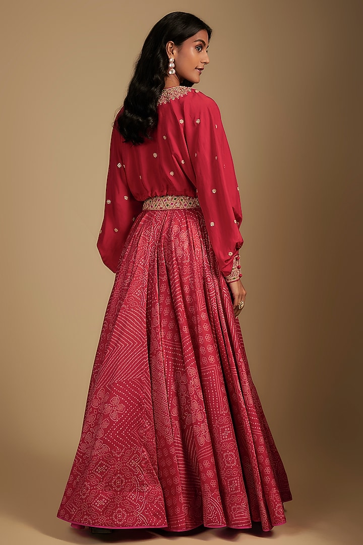 Red Chanderi Silk Printed Skirt Set by Punit Balana at Pernia's Pop Up Shop