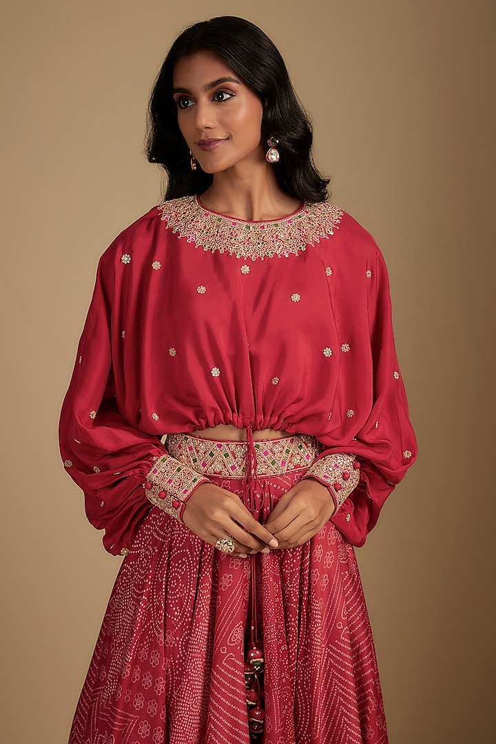 Red Chanderi Silk Printed Skirt Set by Punit Balana at Pernia's Pop Up Shop