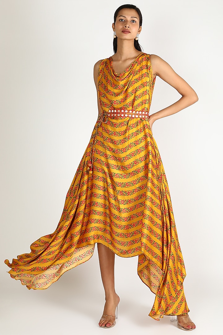 Mustard Asymmetric Dress With Belt by Punit Balana