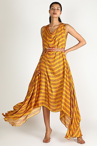 Mustard Silk Asymmetric Dress by Punit Balana