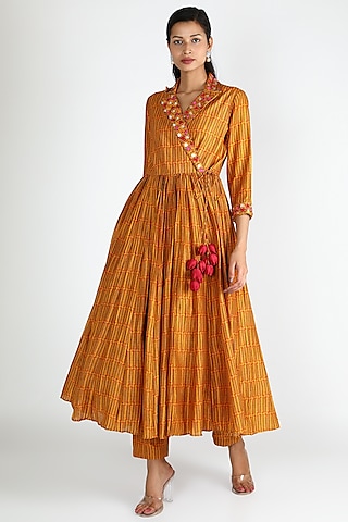 Mustard Printed Angarakha Kurta With Pants by Punit Balana