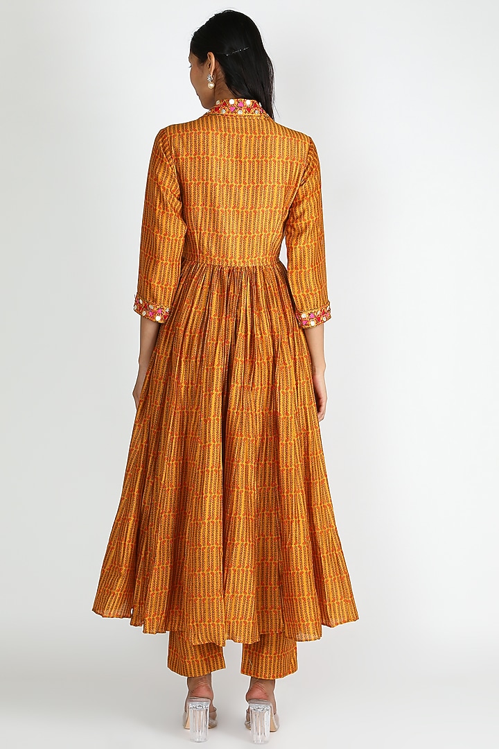Mustard Printed Angarakha Kurta With Pants by Punit Balana at Pernia's Pop Up Shop